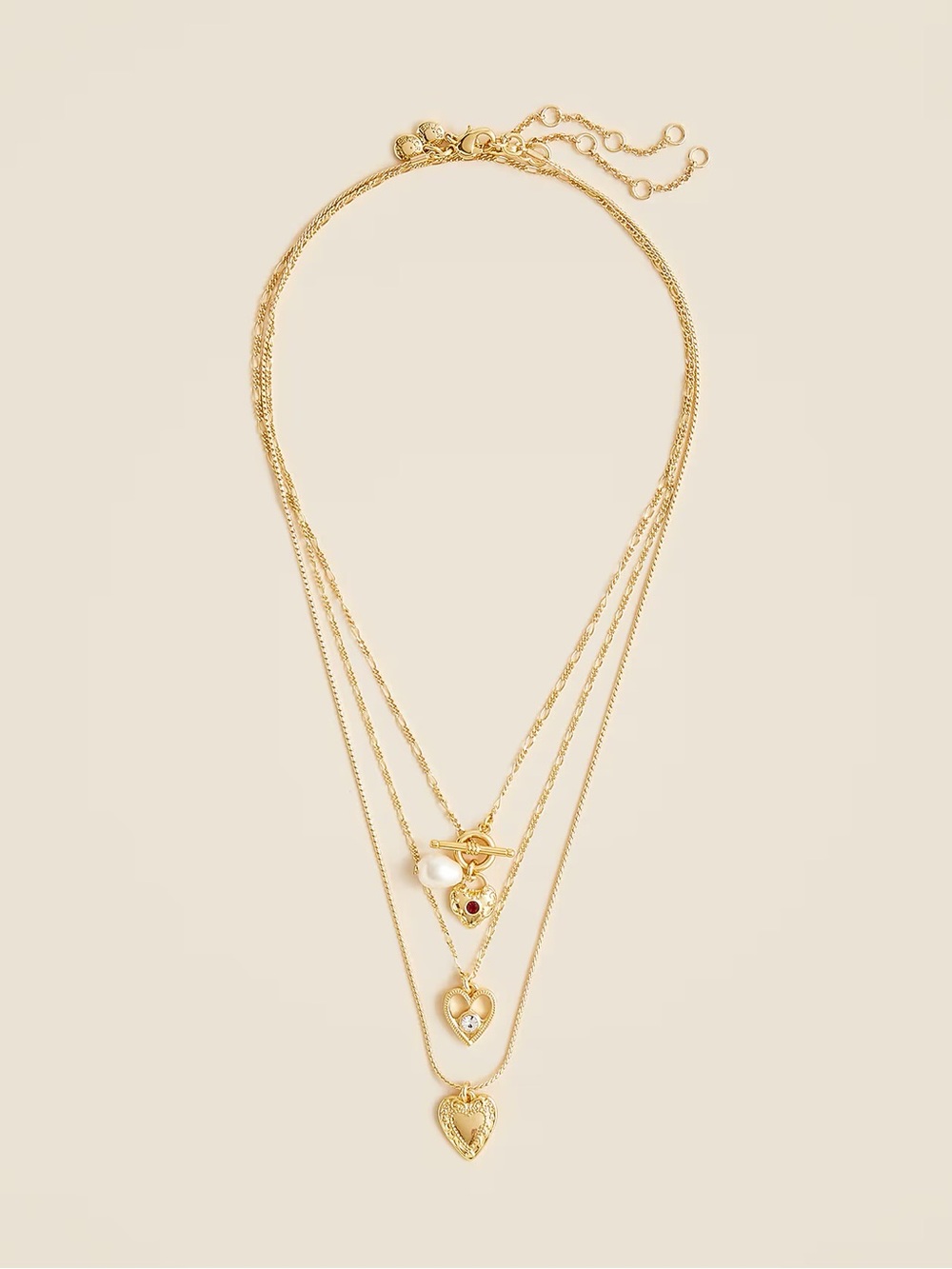 NWT J.Crew Gold tone Layered Heart Necklace - Set of 3 Chain Pearl Crystal CM435